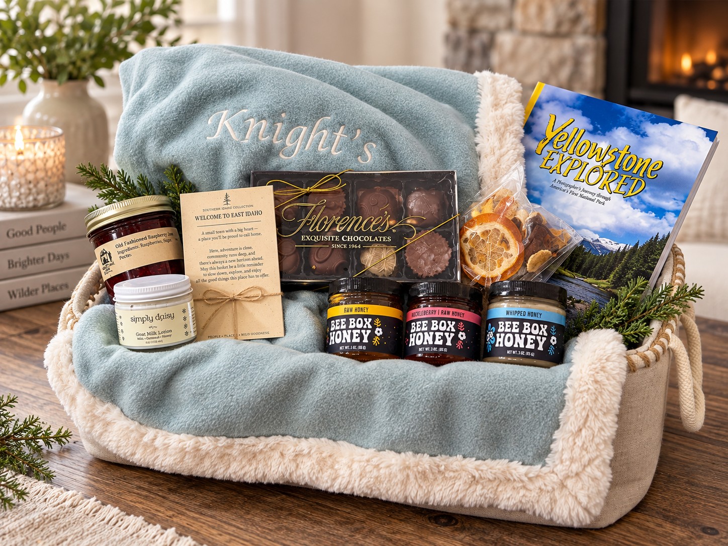 A Welcome Collection basket with the monogrammed luxury blanket, Florence’s chocolates, the three Bee Box honeys, Simply Daisy lotion, raspberry jam and Yellowstone Explored beside a fire