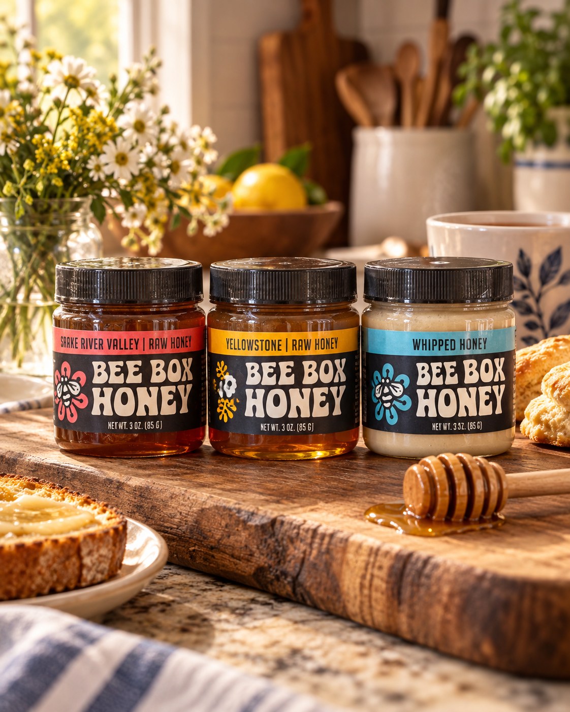 The three Bee Box honeys &mdash; Snake River Valley, Yellowstone and whipped &mdash; on a wooden board