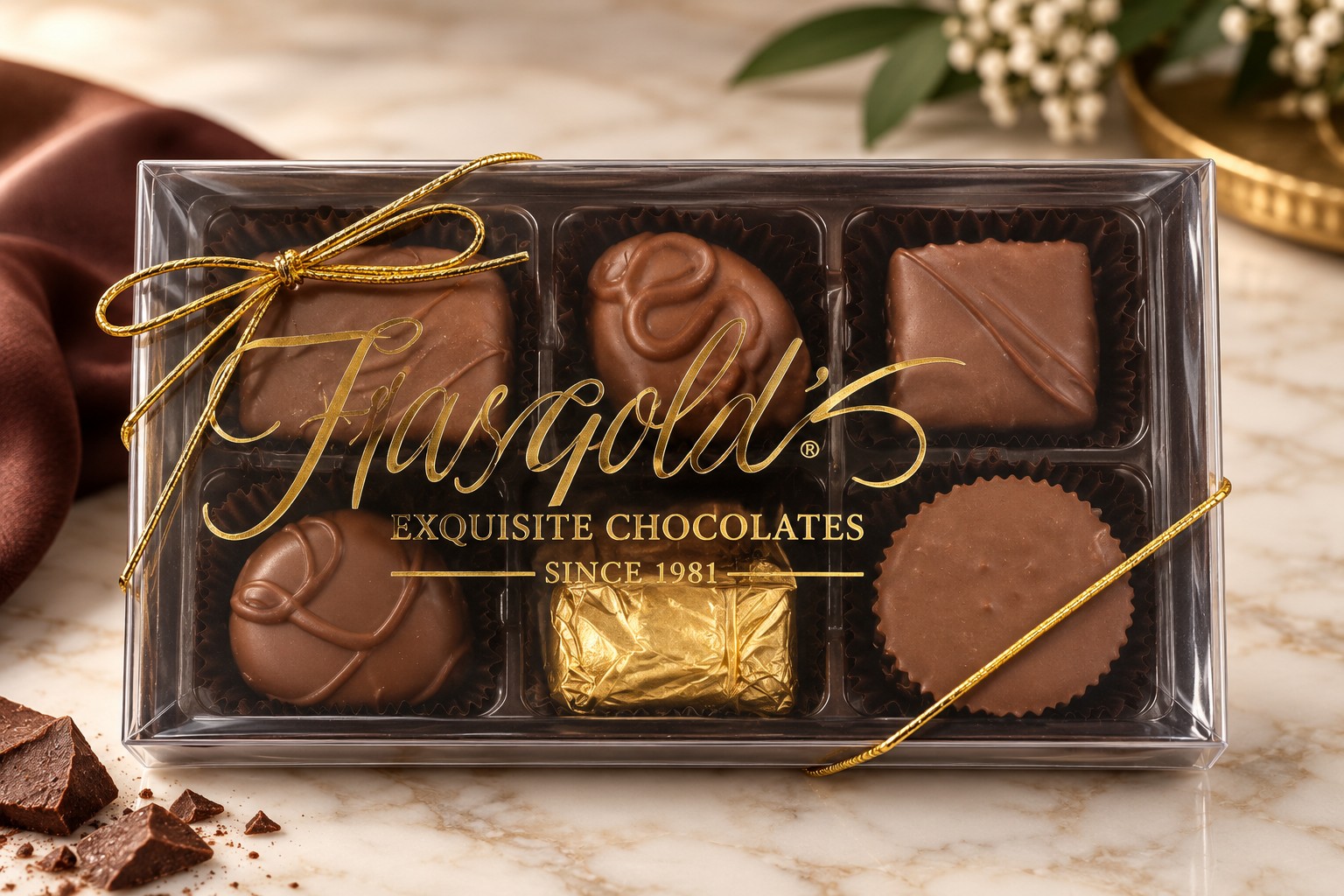 A gold-tied box of six handmade chocolates on a marble surface