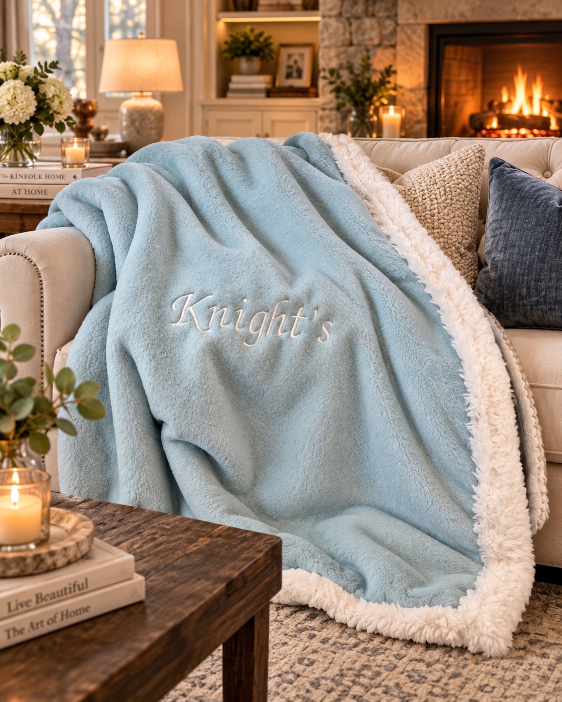 The Custom Monogrammed Luxury Blanket, embroidered with a family name, draped over a sofa beside a fire