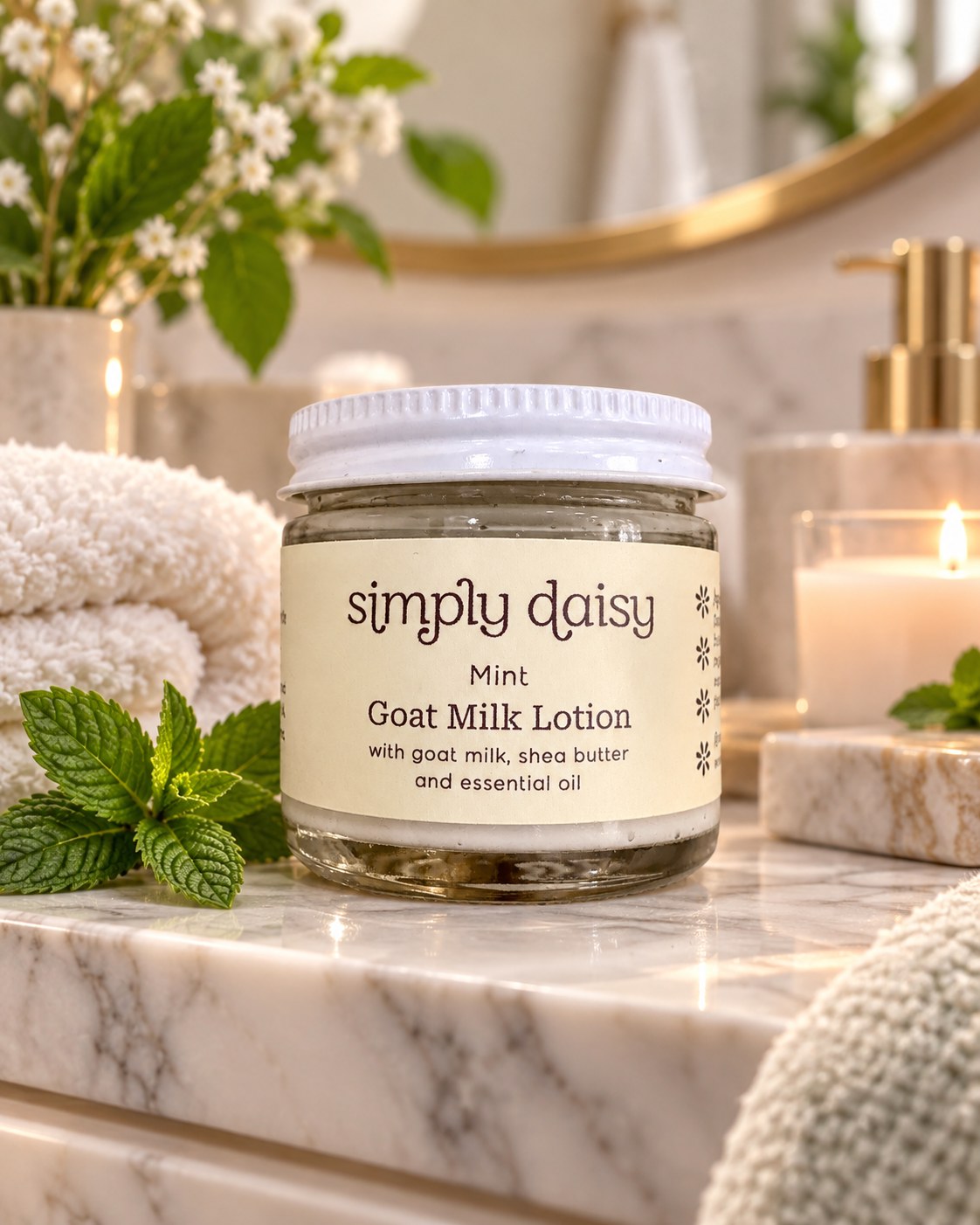 Simply Daisy mint goat milk lotion on a marble counter with fresh mint and folded towels
