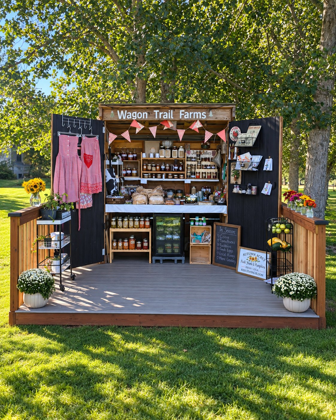 The Wagon Trail Farms stand, open under the trees with shelves of jams, preserves and produce