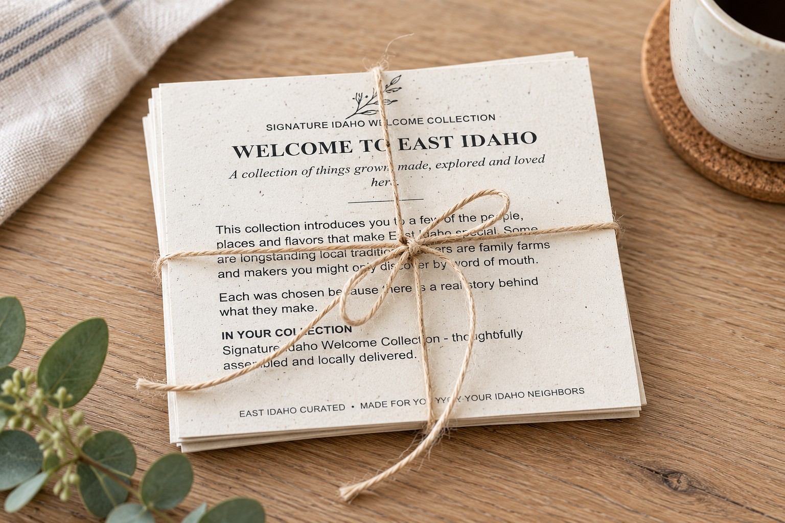 A tied stack of Welcome to East Idaho cards, the printed introduction that travels in every collection, on a wooden table