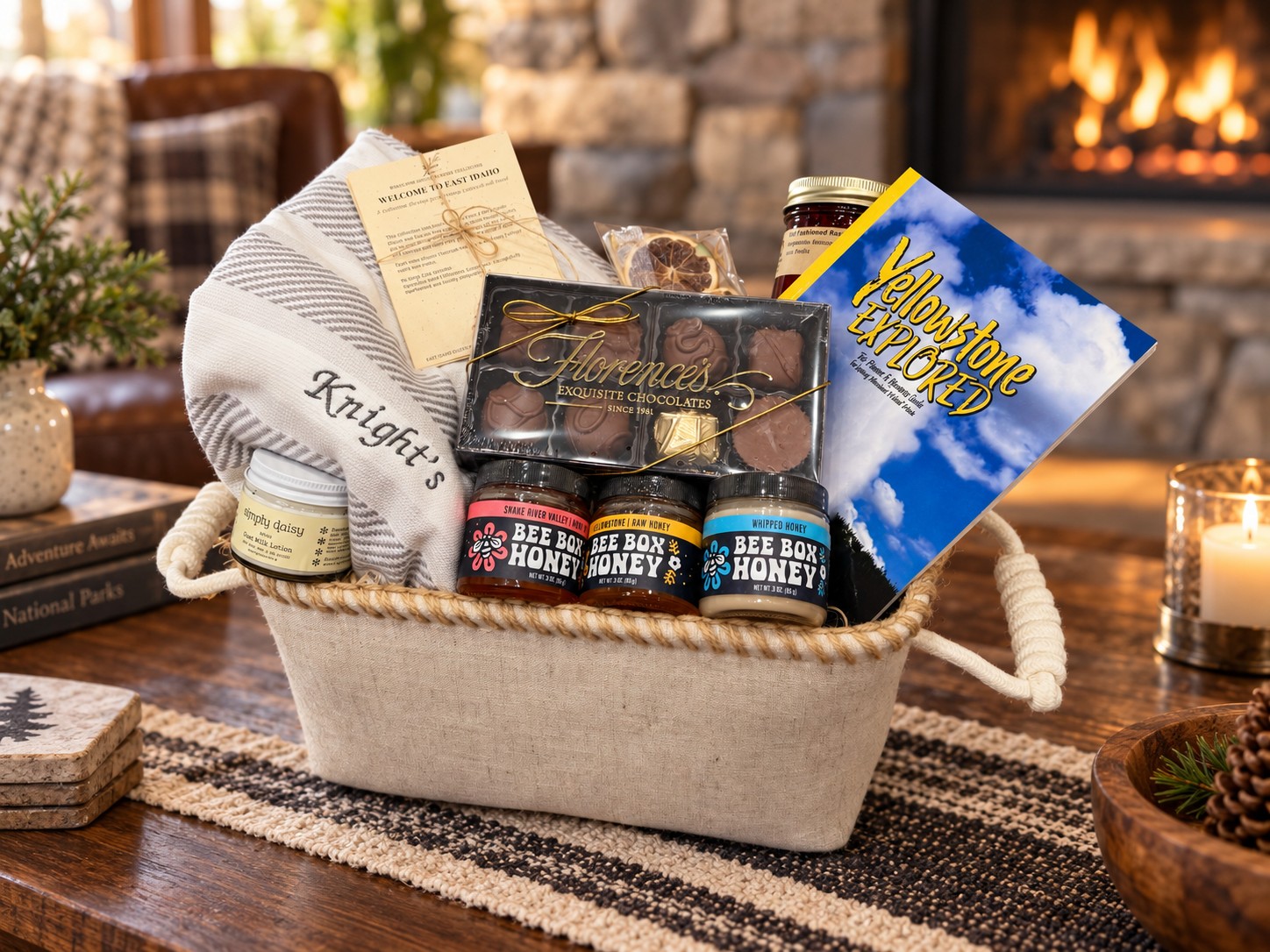 The Idaho Welcome Collection in its basket — monogrammed blanket, Florence’s chocolates, three Bee Box honeys, Simply Daisy lotion, jam and the Yellowstone Explored guide