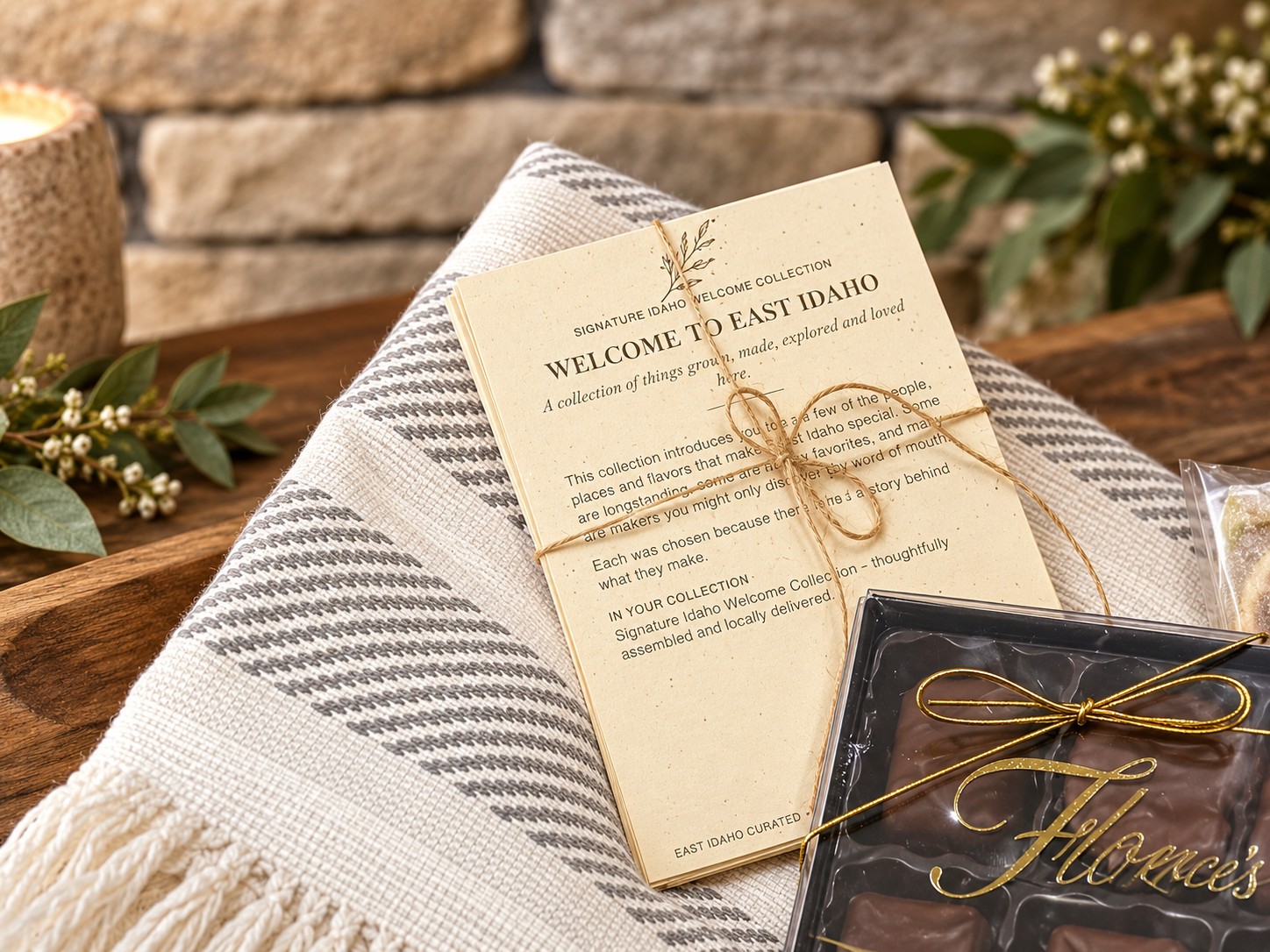 The tied deck of printed maker cards resting on a folded throw beside Florence&rsquo;s chocolates